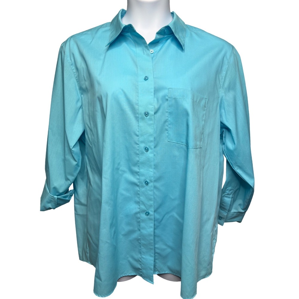 FOXCROFT Womens Turquoise Blue Button Front Shirt 18 Wrinkle Free Officewear